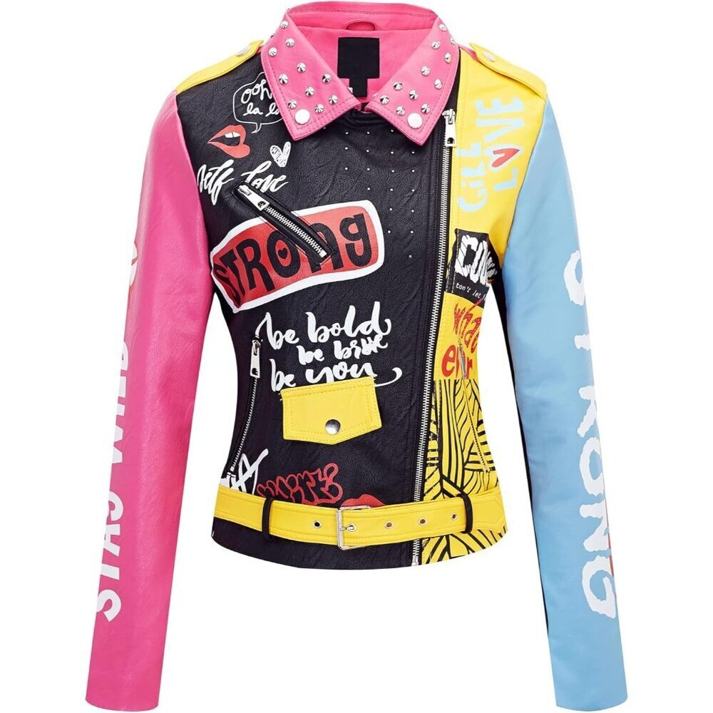 Women Pink Blue Studded Rivet Floral Moto Biker Short Lapel Coat Leather Jacket - Picture 2 of 6